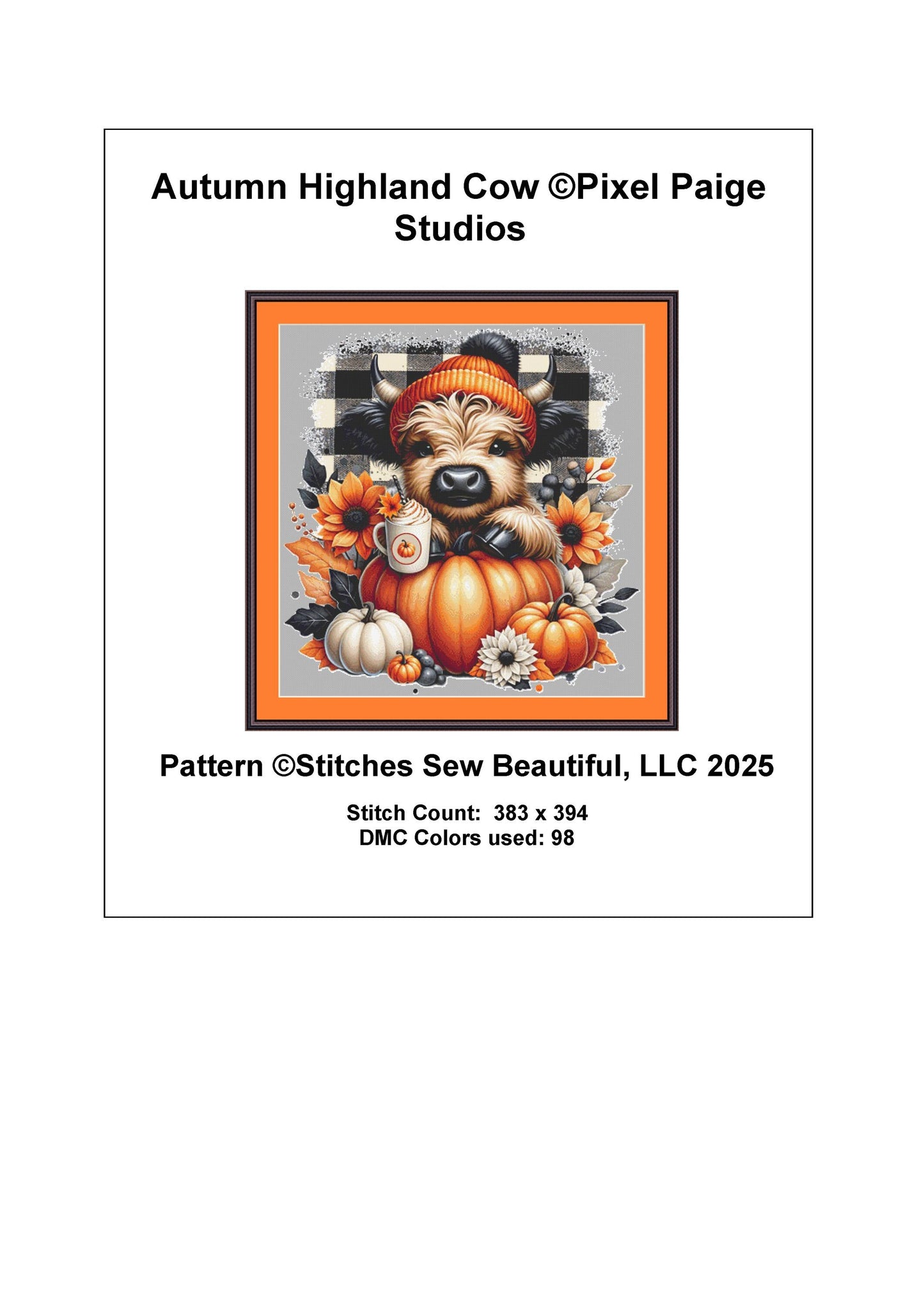 Autumn Highland Cow counted cross stitch pattern by Pixel Paige Studios
