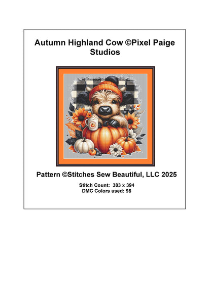 Autumn Highland Cow counted cross stitch pattern by Pixel Paige Studios