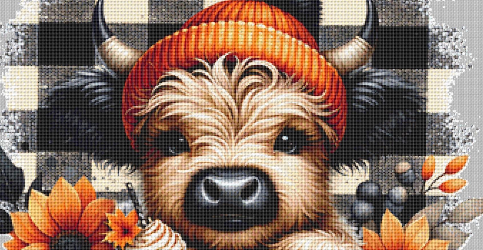 Autumn Highland Cow counted cross stitch pattern by Pixel Paige Studios