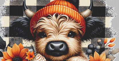 Autumn Highland Cow counted cross stitch pattern by Pixel Paige Studios