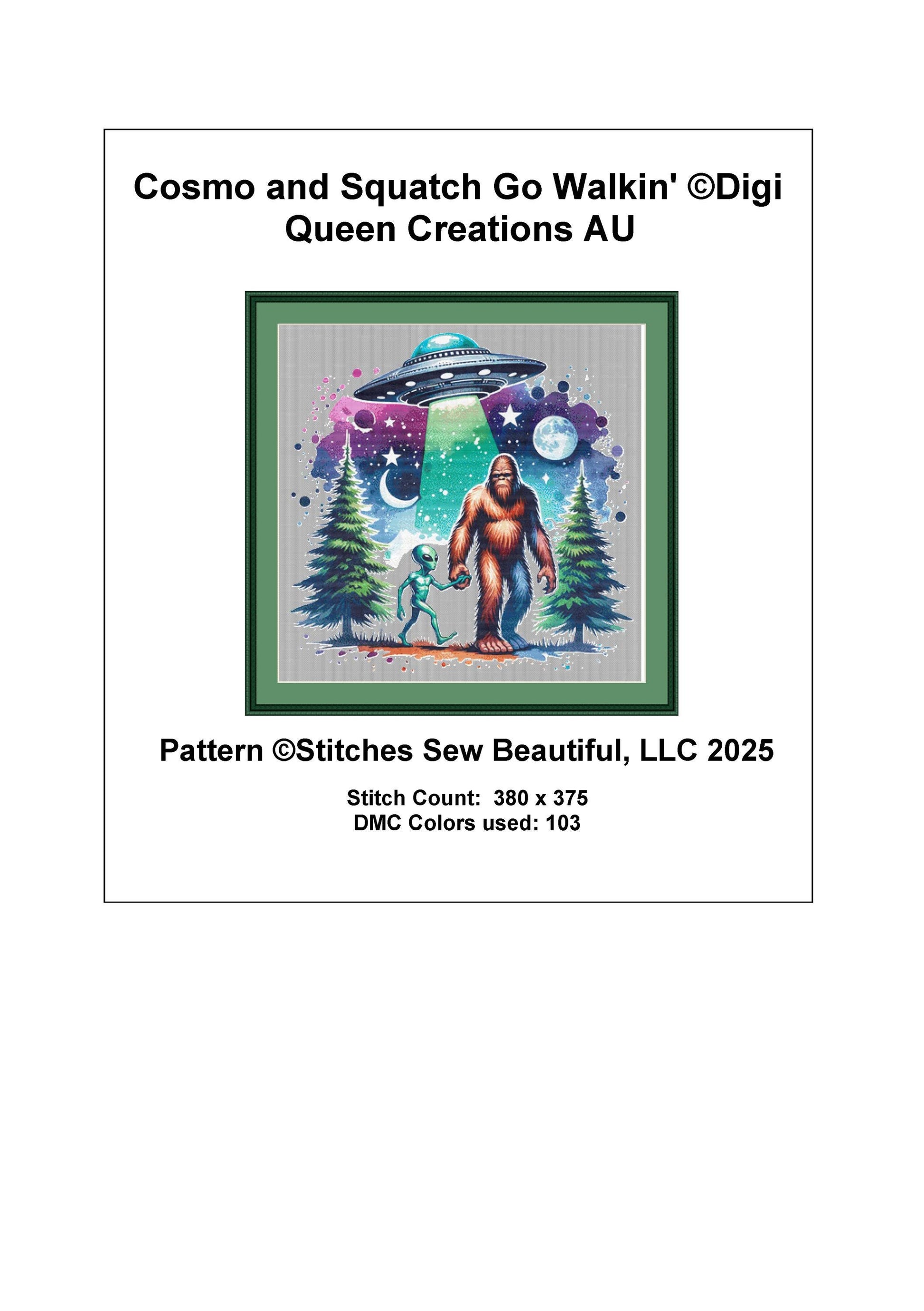 Cosmo and Squatch Go Walkin counted cross stitch pattern by Digi Queen Creations AU