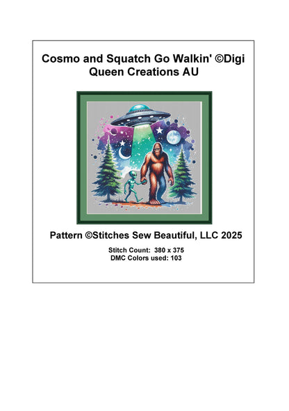 Cosmo and Squatch Go Walkin counted cross stitch pattern by Digi Queen Creations AU