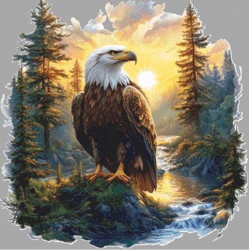 Sunset Forest Eagle counted cross stitch pattern by Inkberry Creations