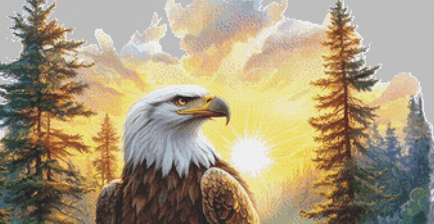Sunset Forest Eagle counted cross stitch pattern by Inkberry Creations