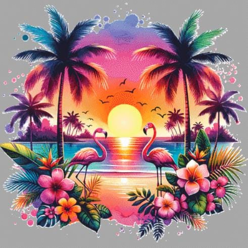 Flamingos at Sunset counted cross stitch pattern by Pink Bird Crews