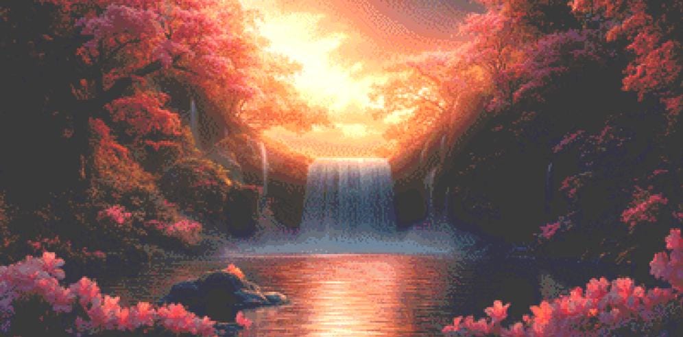 Enchanting Waterfall at Sunset counted cross stitch pattern by Eder Jose Rosa