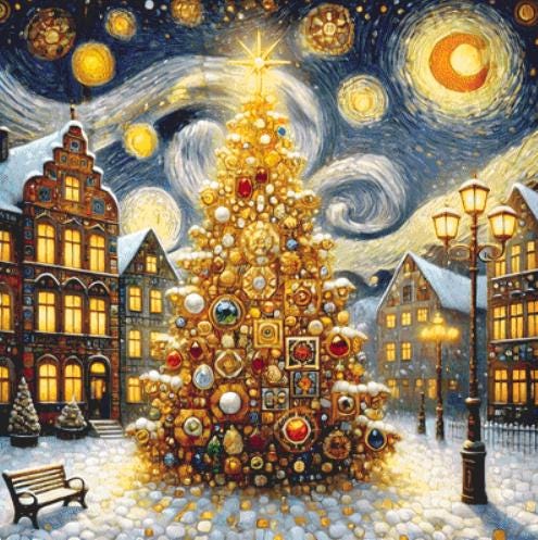 Christmas Tree in Vintage Town counted cross stitch pattern by Mystic Vision Gallery
