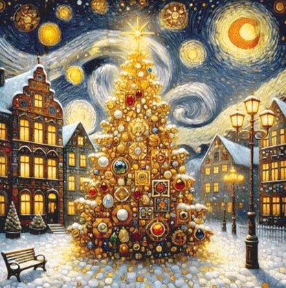 Christmas Tree in Vintage Town counted cross stitch pattern by Mystic Vision Gallery