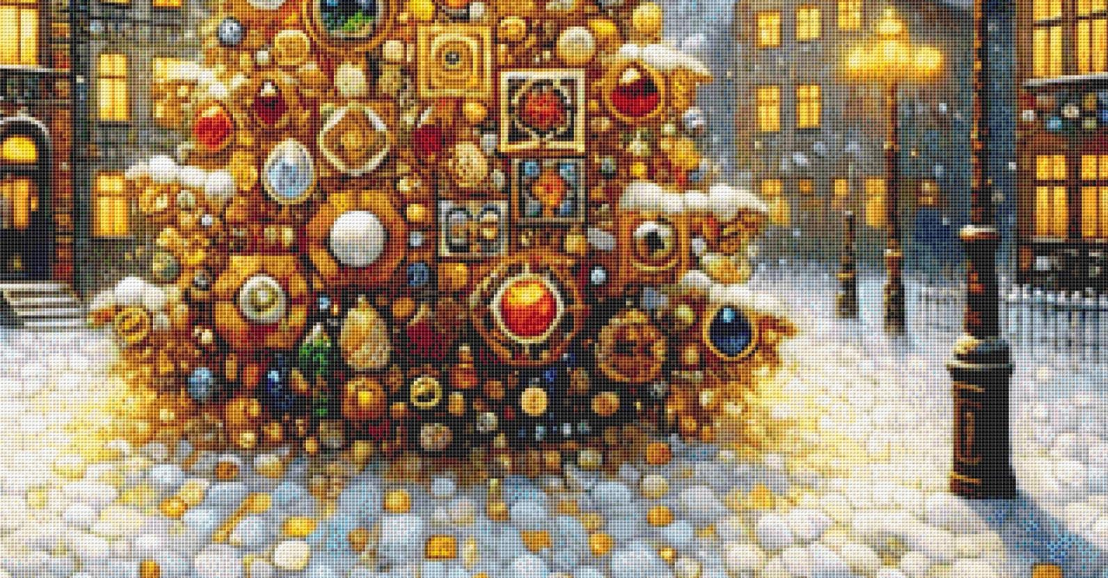 Christmas Tree in Vintage Town counted cross stitch pattern by Mystic Vision Gallery