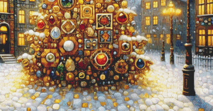 Christmas Tree in Vintage Town counted cross stitch pattern by Mystic Vision Gallery