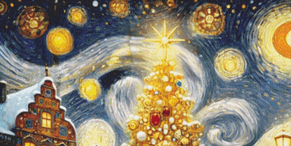 Christmas Tree in Vintage Town counted cross stitch pattern by Mystic Vision Gallery