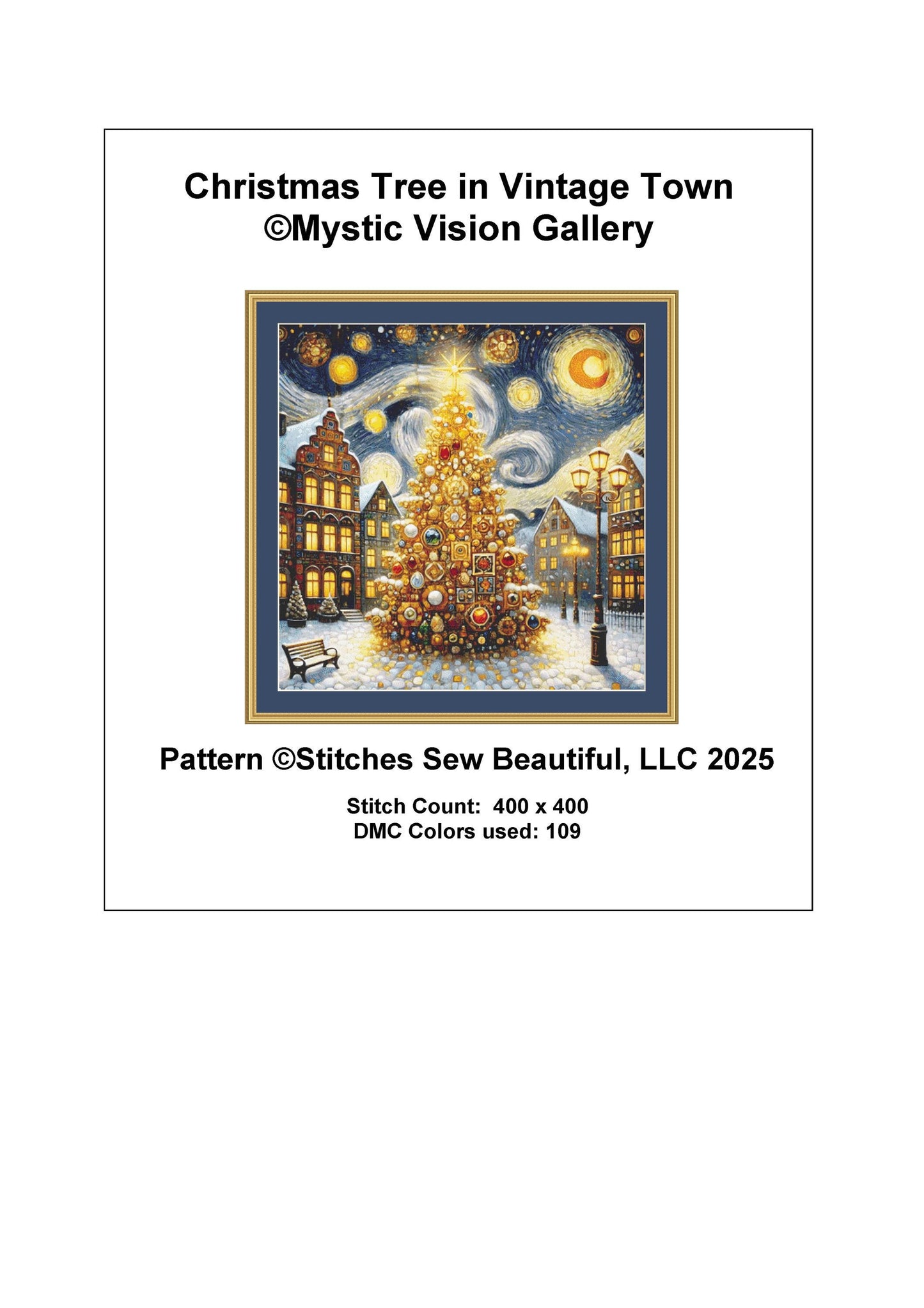 Christmas Tree in Vintage Town counted cross stitch pattern by Mystic Vision Gallery