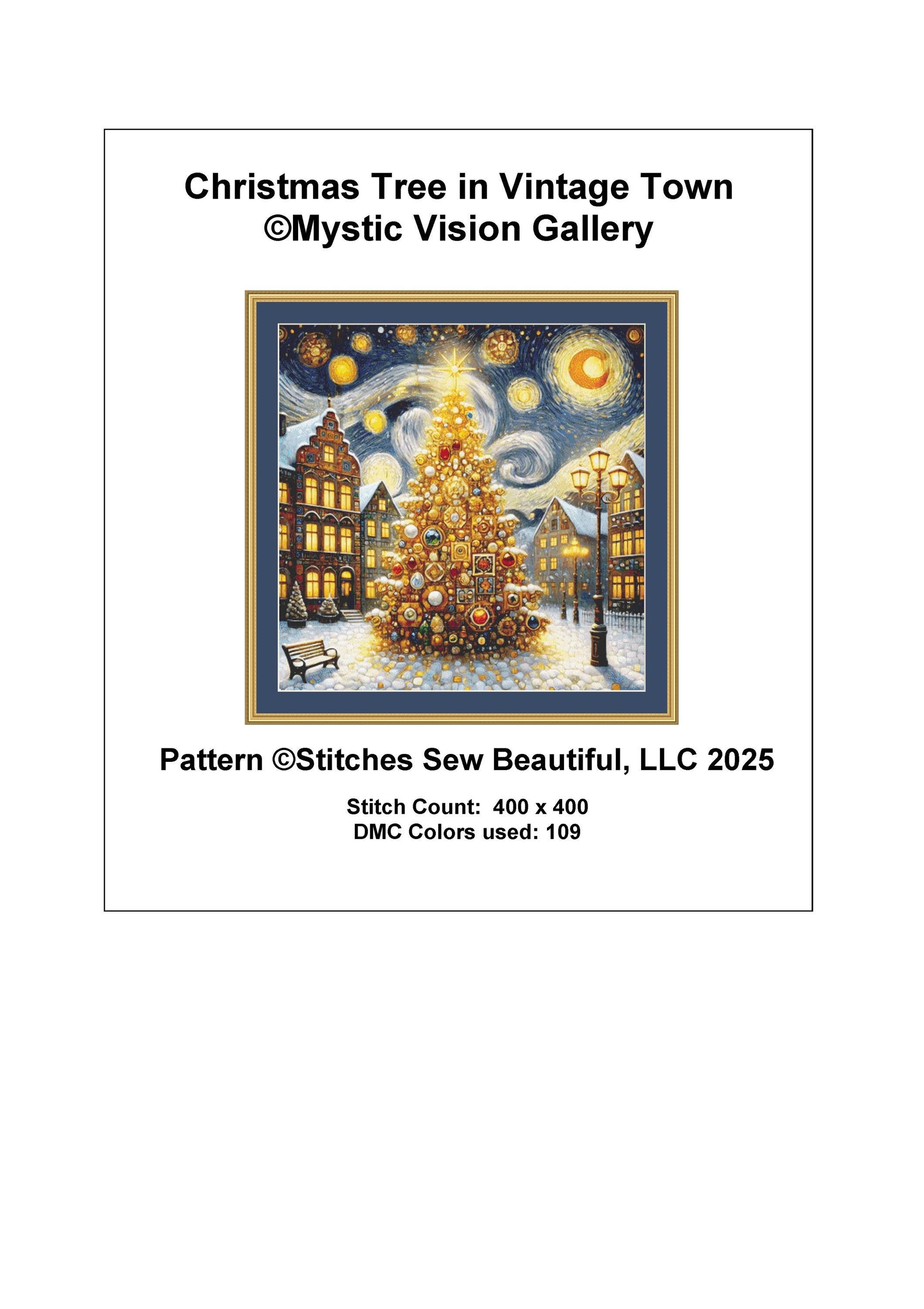 Christmas Tree in Vintage Town counted cross stitch pattern by Mystic Vision Gallery