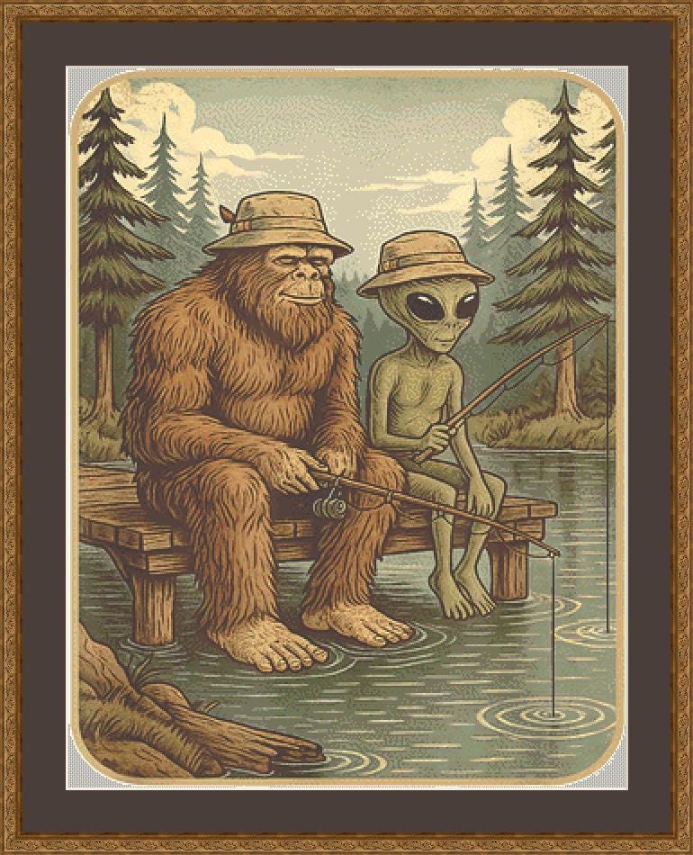 Cosmo and Squatch Gone Fishin' counted cross stitch pattern by ArtVibe9