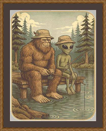 Cosmo and Squatch Gone Fishin' counted cross stitch pattern by ArtVibe9