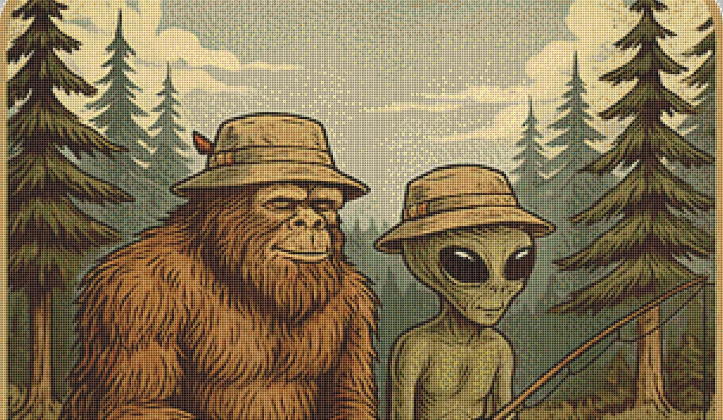 Cosmo and Squatch Gone Fishin' counted cross stitch pattern by ArtVibe9