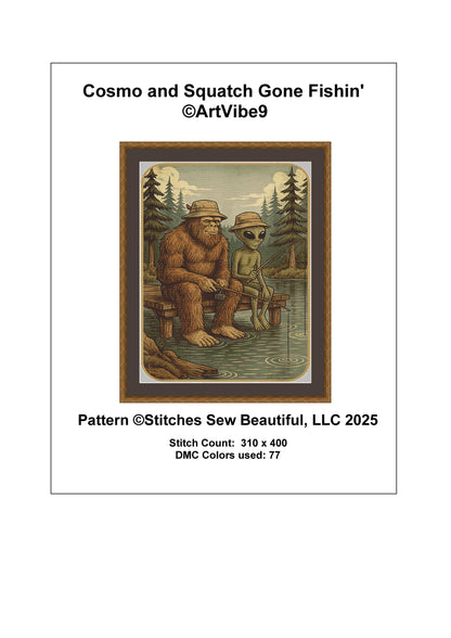 Cosmo and Squatch Gone Fishin' counted cross stitch pattern by ArtVibe9