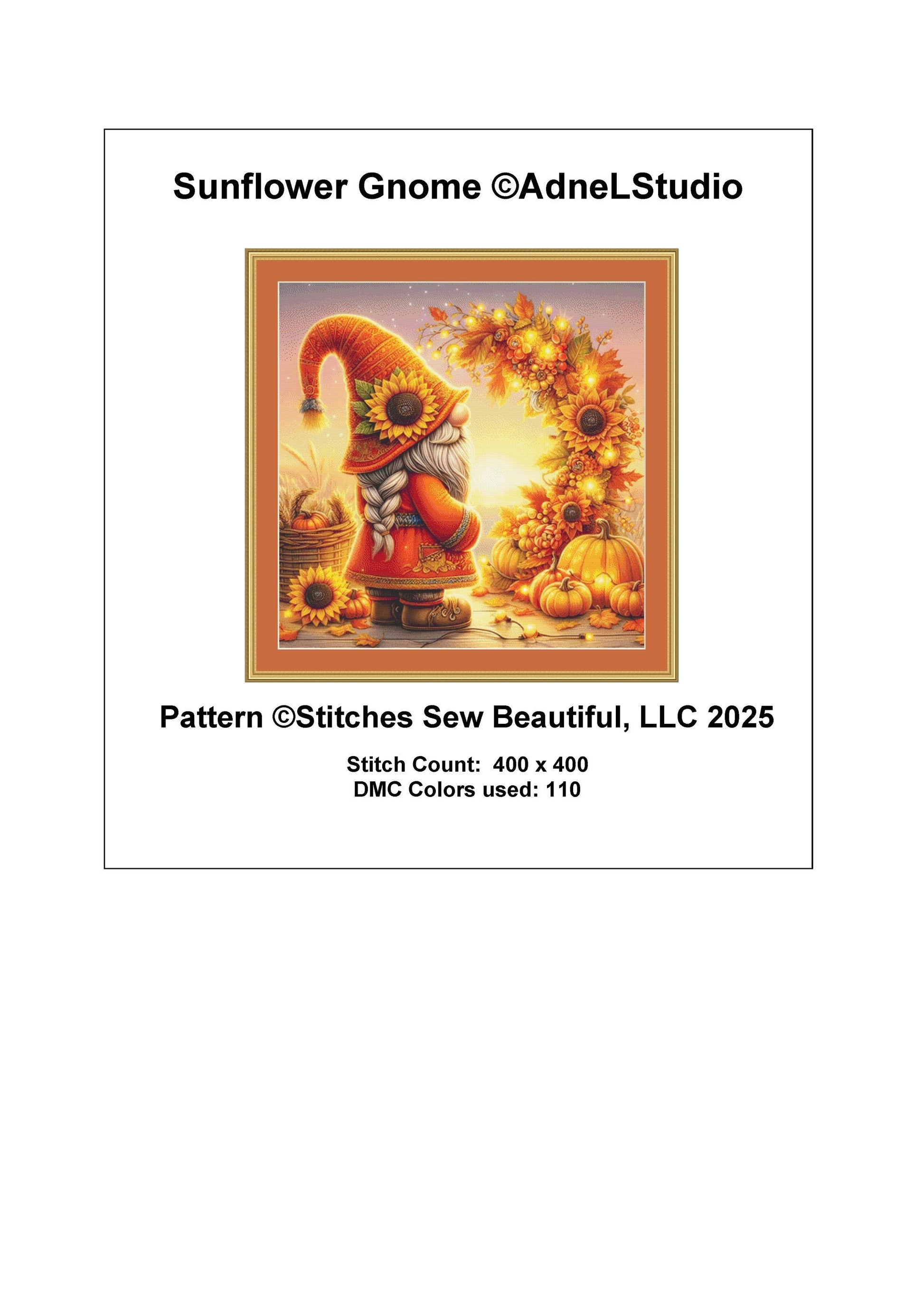 Sunflower Gnome counted cross stitch pattern by AdneLStudio