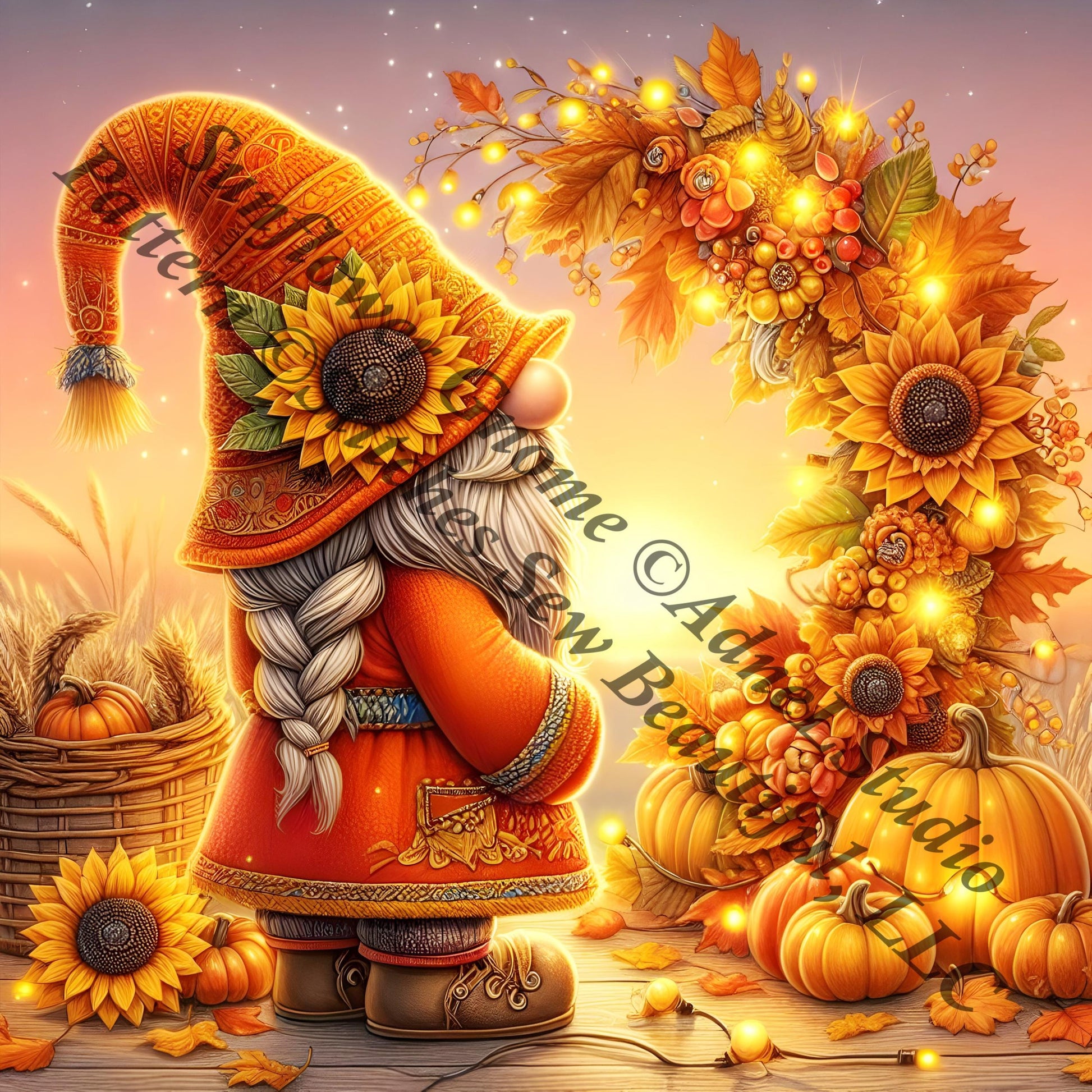 Sunflower Gnome counted cross stitch pattern by AdneLStudio