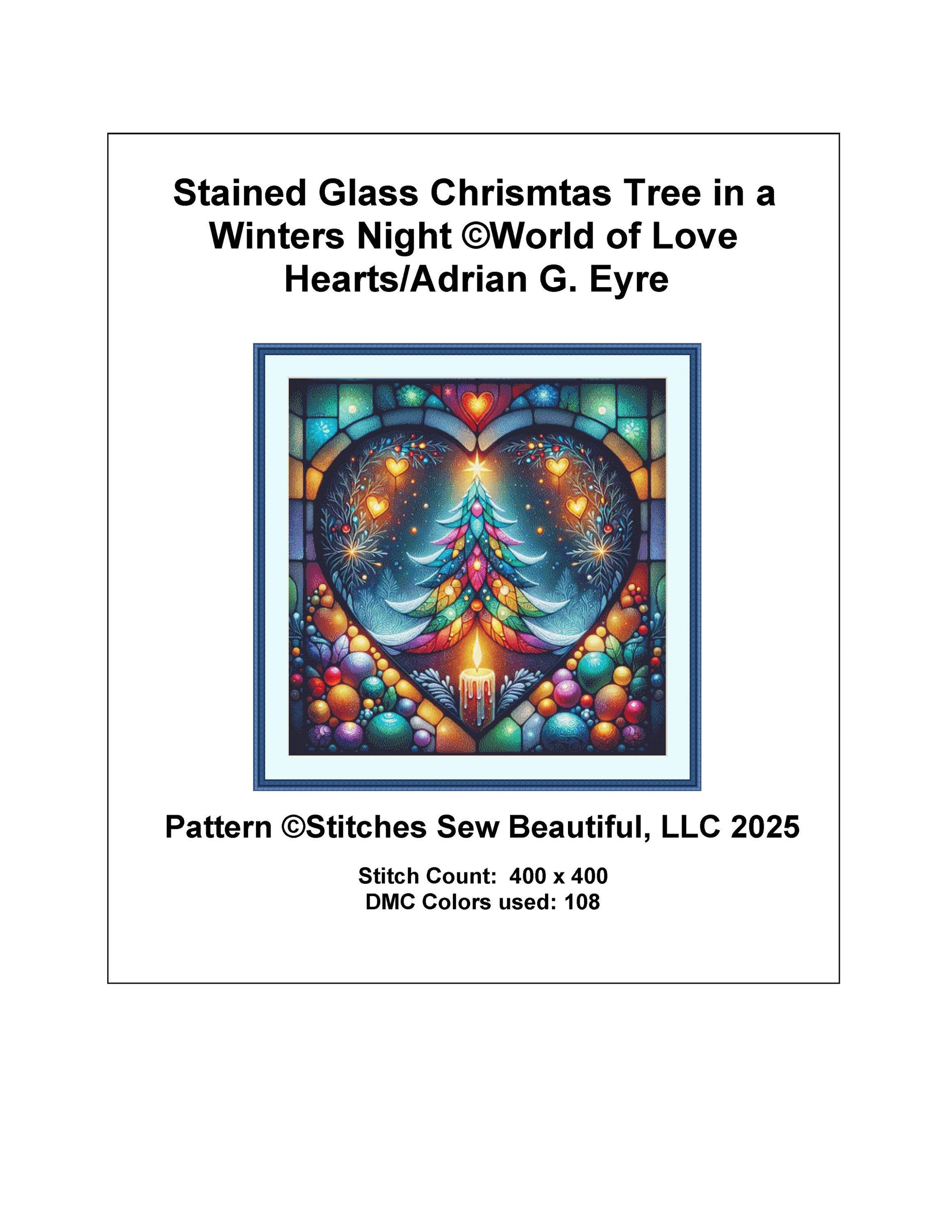 Stained Glass Chrismtas Tree in a Winters Night counted cross stitch pattern by World of Love Hearts/Adrian G Eyre