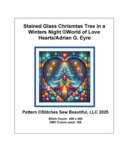 Stained Glass Chrismtas Tree in a Winters Night counted cross stitch pattern by World of Love Hearts/Adrian G Eyre