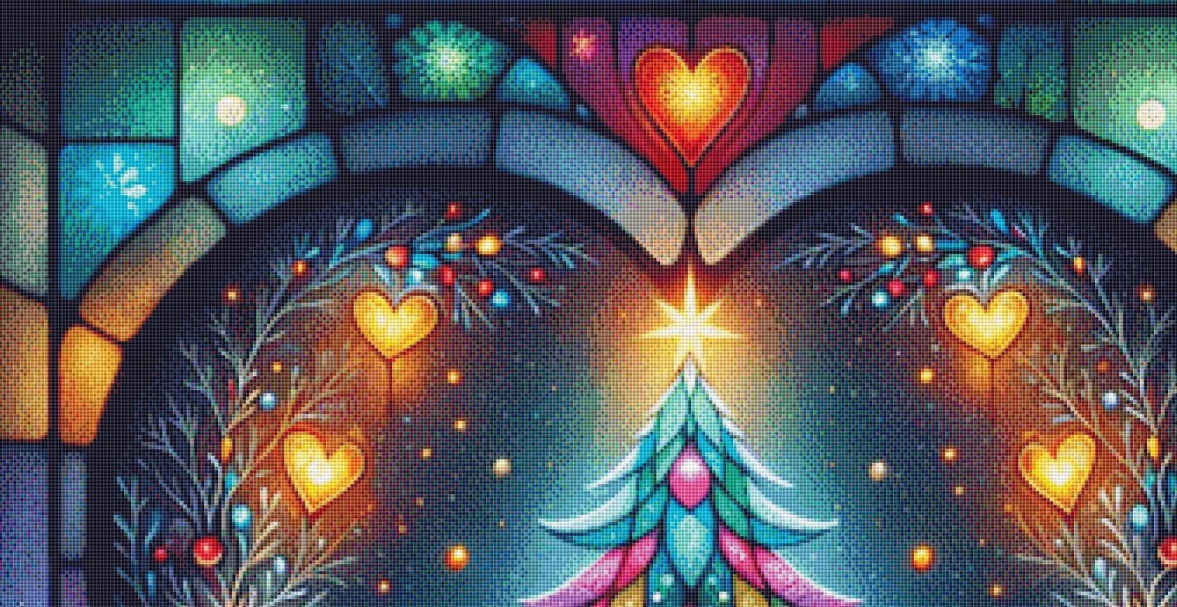 Stained Glass Chrismtas Tree in a Winters Night counted cross stitch pattern by World of Love Hearts/Adrian G Eyre