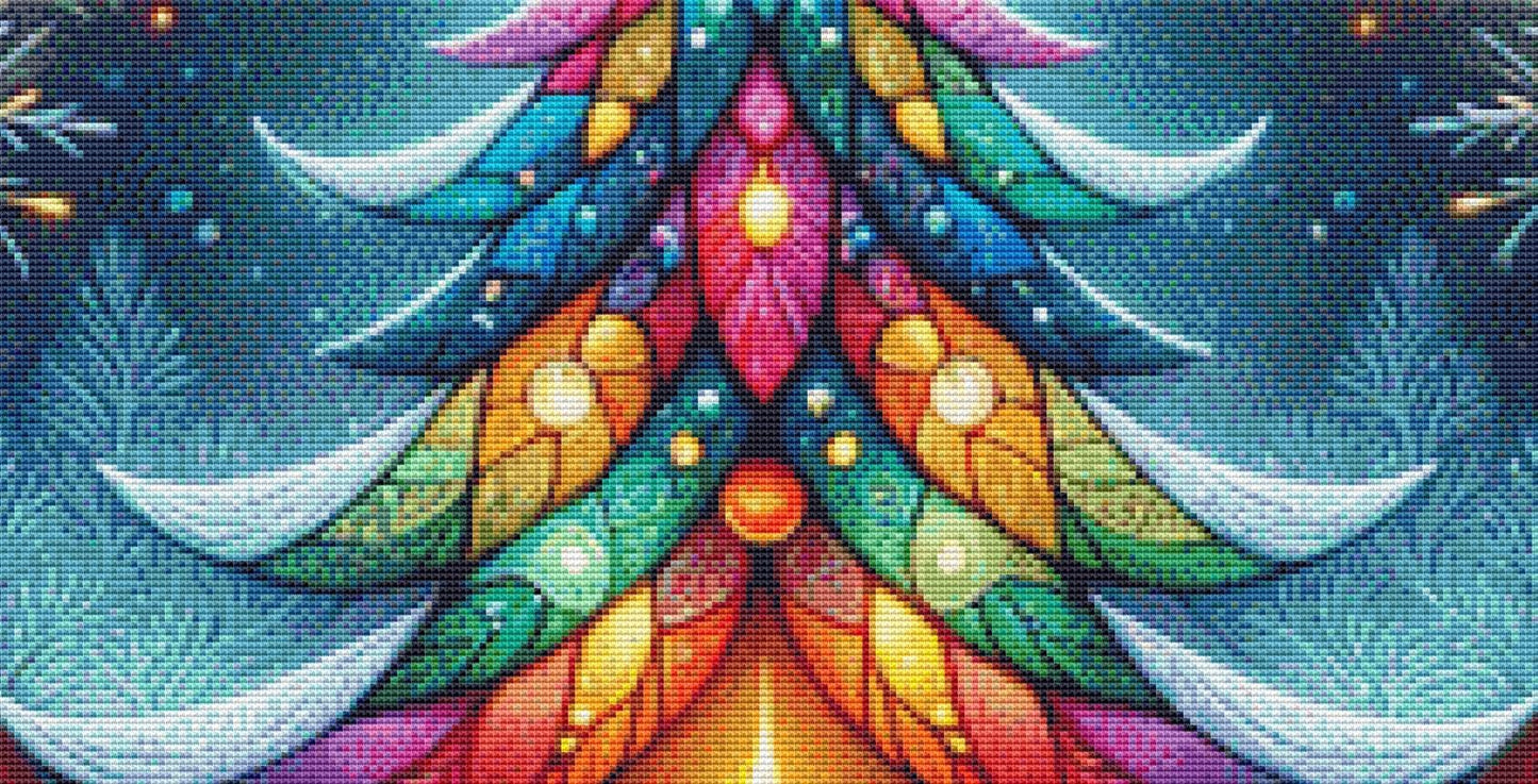 Stained Glass Chrismtas Tree in a Winters Night counted cross stitch pattern by World of Love Hearts/Adrian G Eyre