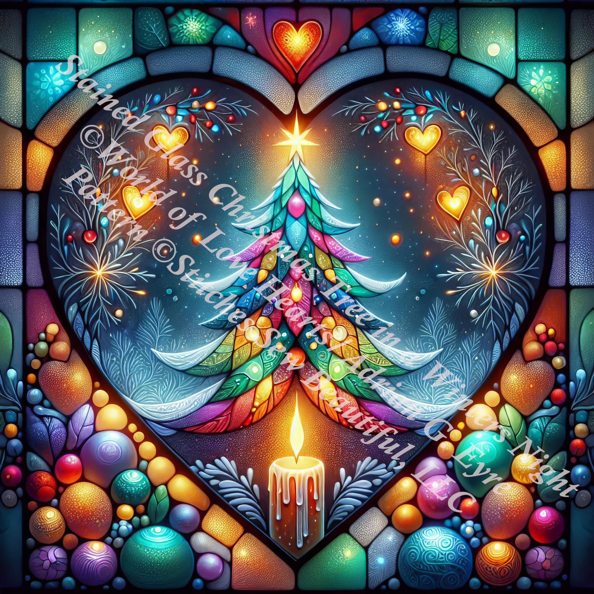Stained Glass Chrismtas Tree in a Winters Night counted cross stitch pattern by World of Love Hearts/Adrian G Eyre