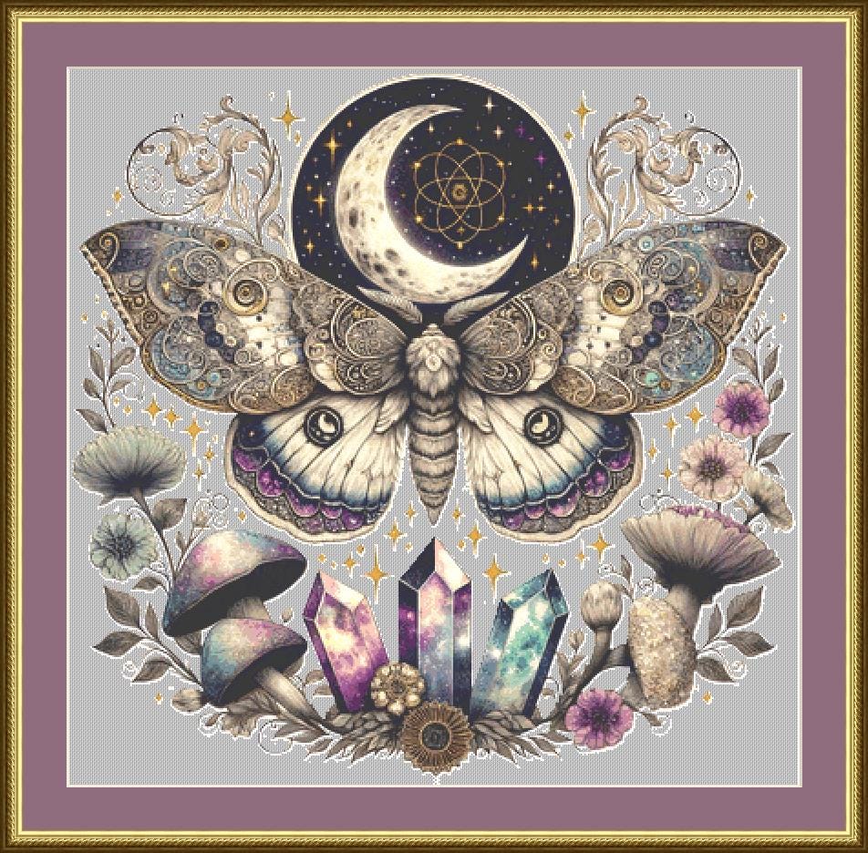 Celestial Lunar Moth counted cross stitch pattern by Pixel Paige Studio