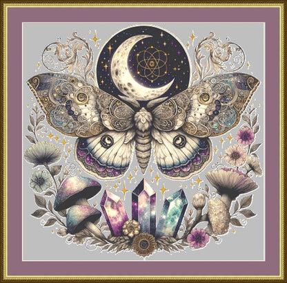 Celestial Lunar Moth counted cross stitch pattern by Pixel Paige Studio