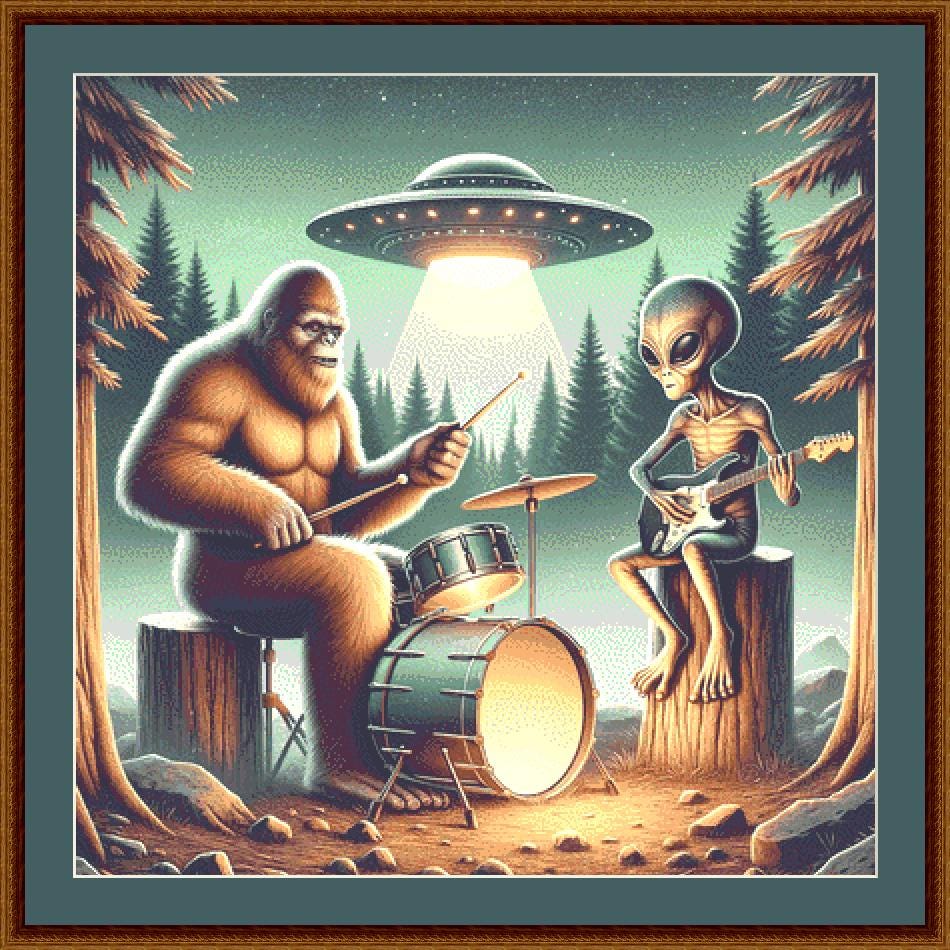 Cosmos and Squatch Rockin Out counted cross stitch pattern by Ahmed Salem Designs