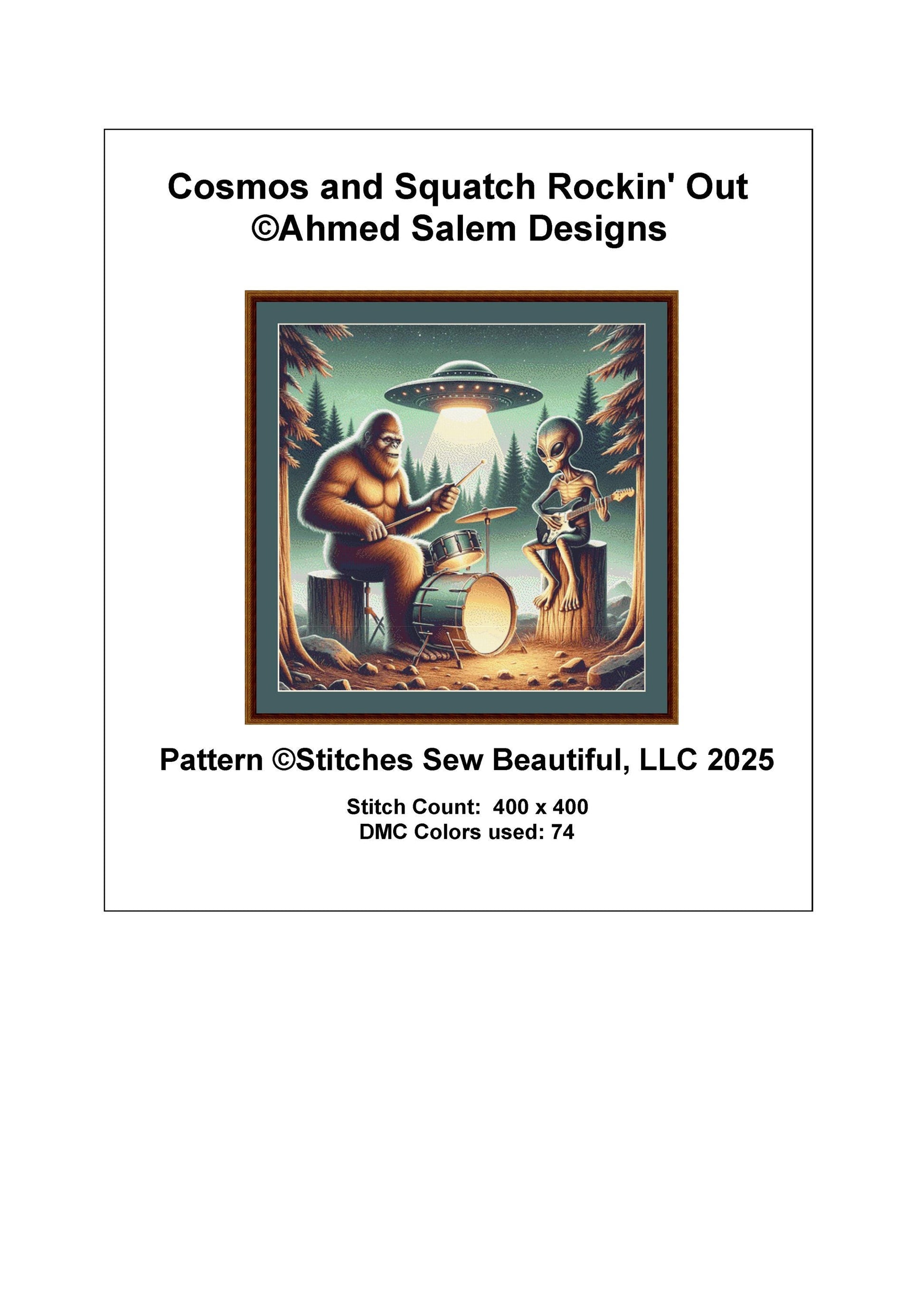 Cosmos and Squatch Rockin Out counted cross stitch pattern by Ahmed Salem Designs