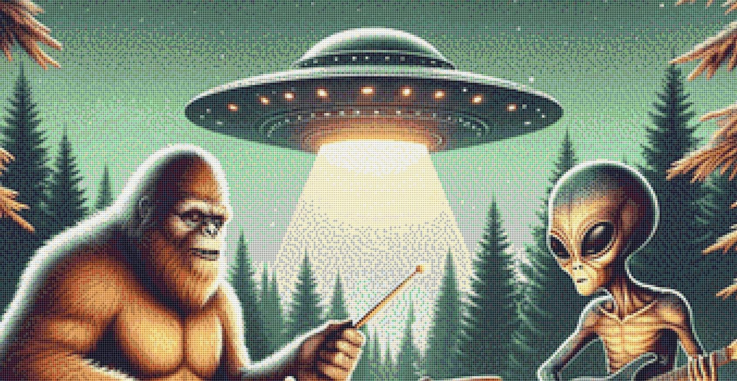 Cosmos and Squatch Rockin Out counted cross stitch pattern by Ahmed Salem Designs