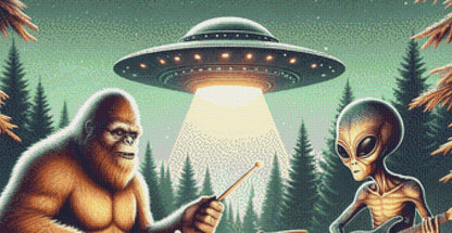 Cosmos and Squatch Rockin Out counted cross stitch pattern by Ahmed Salem Designs