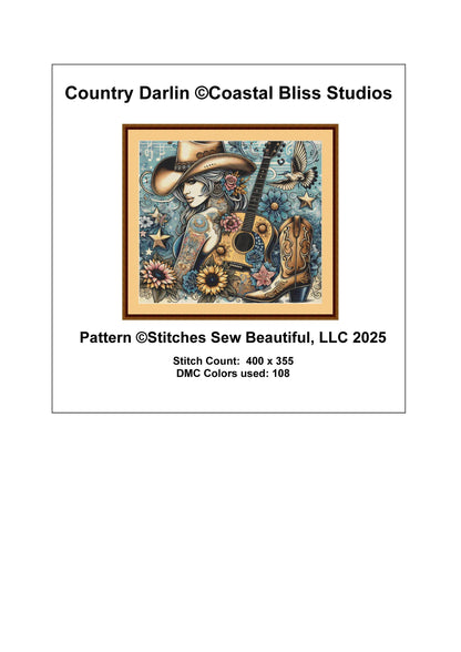 Country Darlin counted cross stitch pattern by Coastal Bliss Studios