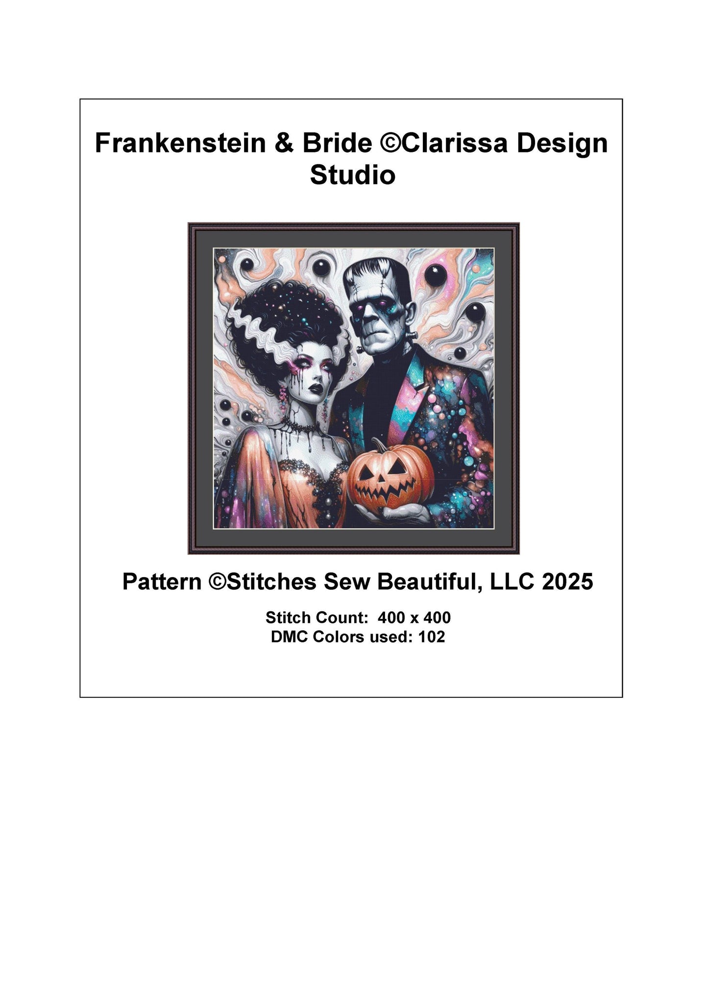 Frankenstein & Bride counted cross stitch pattern by Clarissa Design Studio