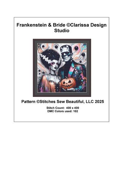 Frankenstein & Bride counted cross stitch pattern by Clarissa Design Studio
