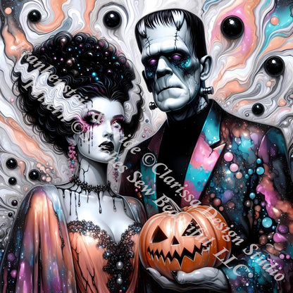 Frankenstein & Bride counted cross stitch pattern by Clarissa Design Studio
