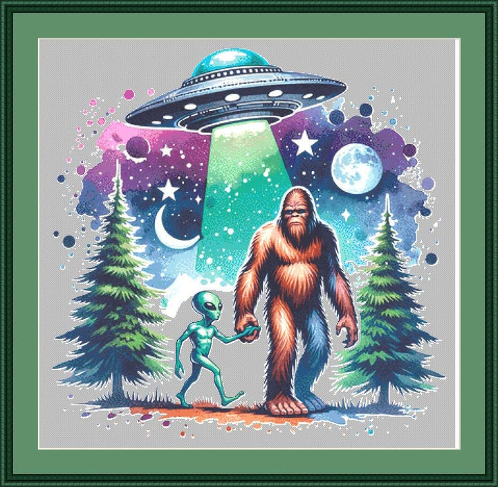 Cosmo and Squatch Go Walkin counted cross stitch pattern by Digi Queen Creations AU