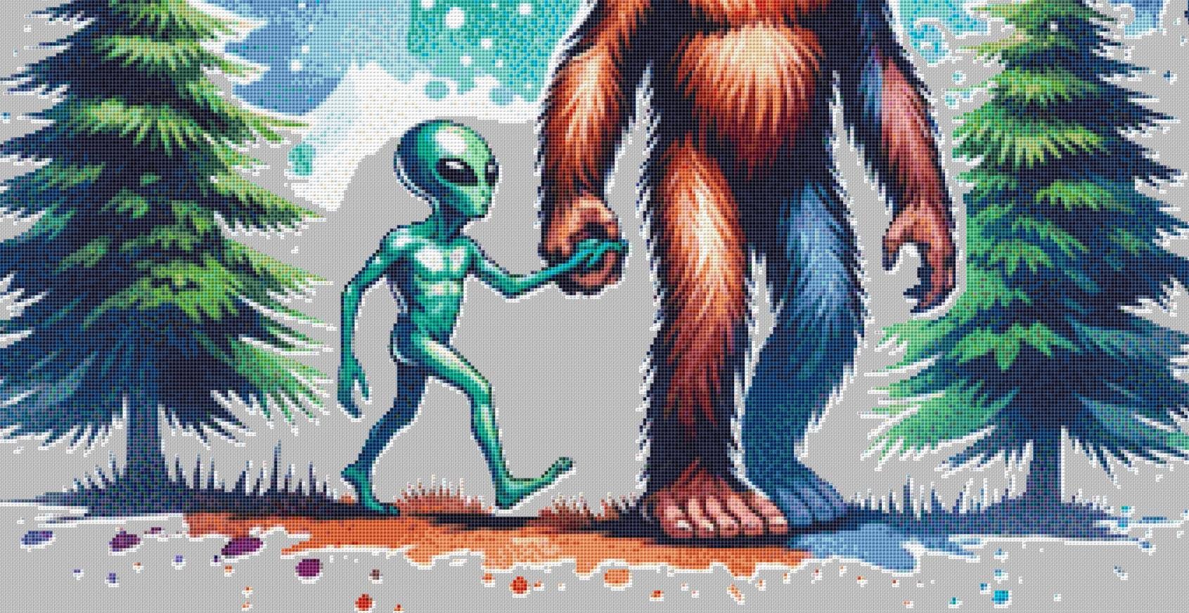 Cosmo and Squatch Go Walkin counted cross stitch pattern by Digi Queen Creations AU