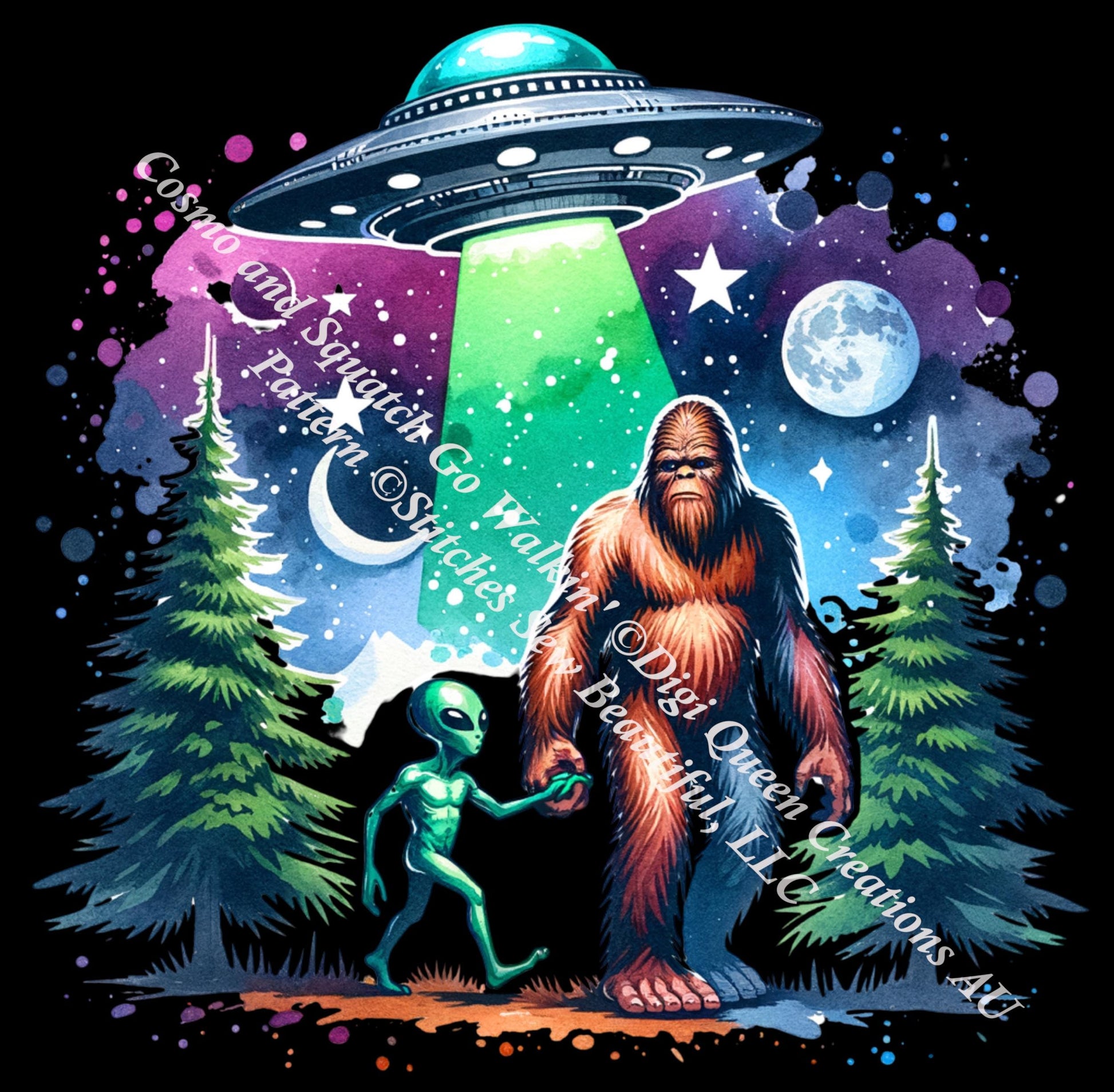 Cosmo and Squatch Go Walkin counted cross stitch pattern by Digi Queen Creations AU