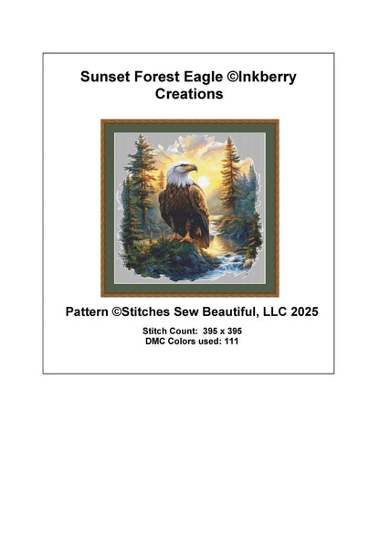 Sunset Forest Eagle counted cross stitch pattern by Inkberry Creations
