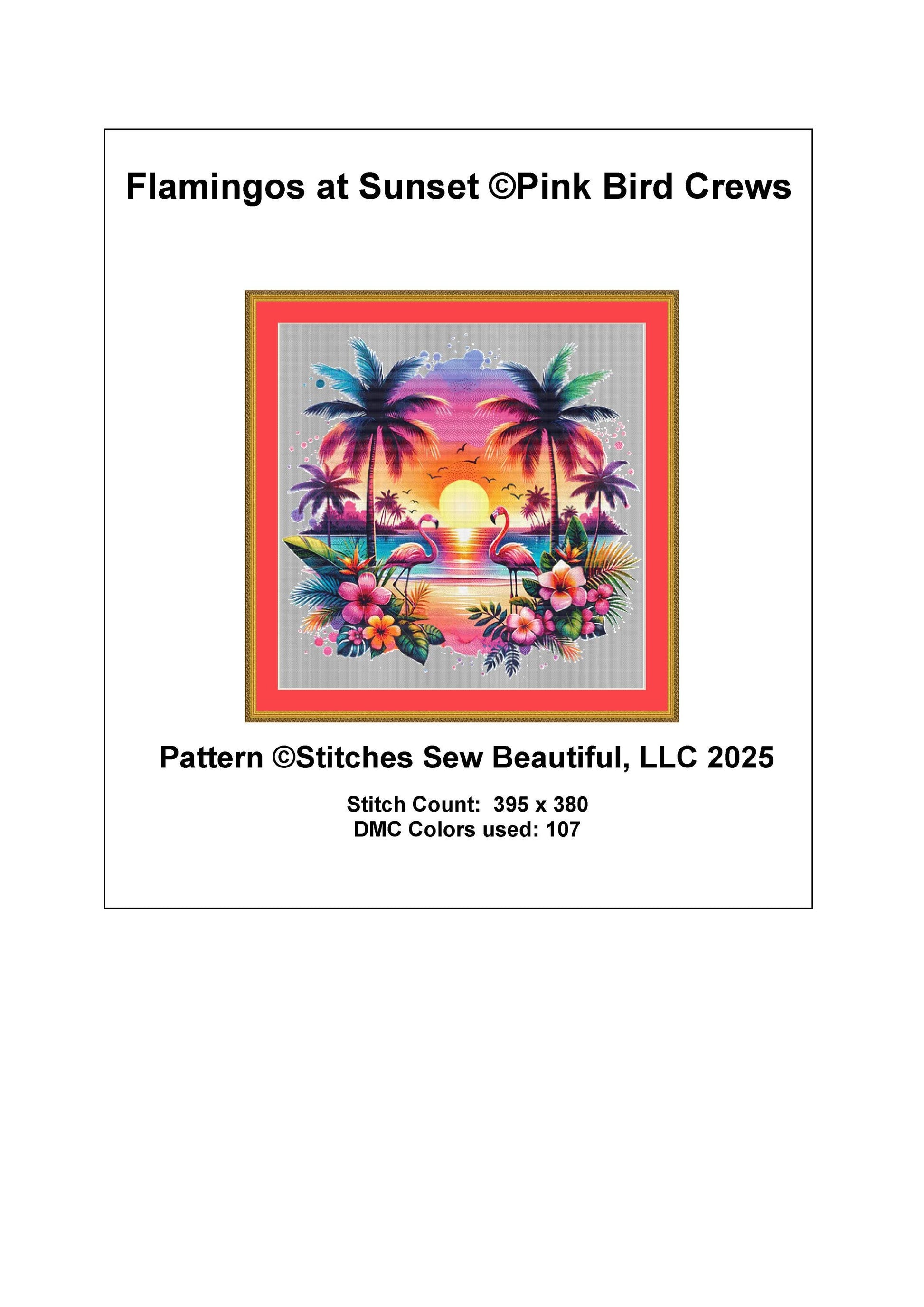 Flamingos at Sunset counted cross stitch pattern by Pink Bird Crews