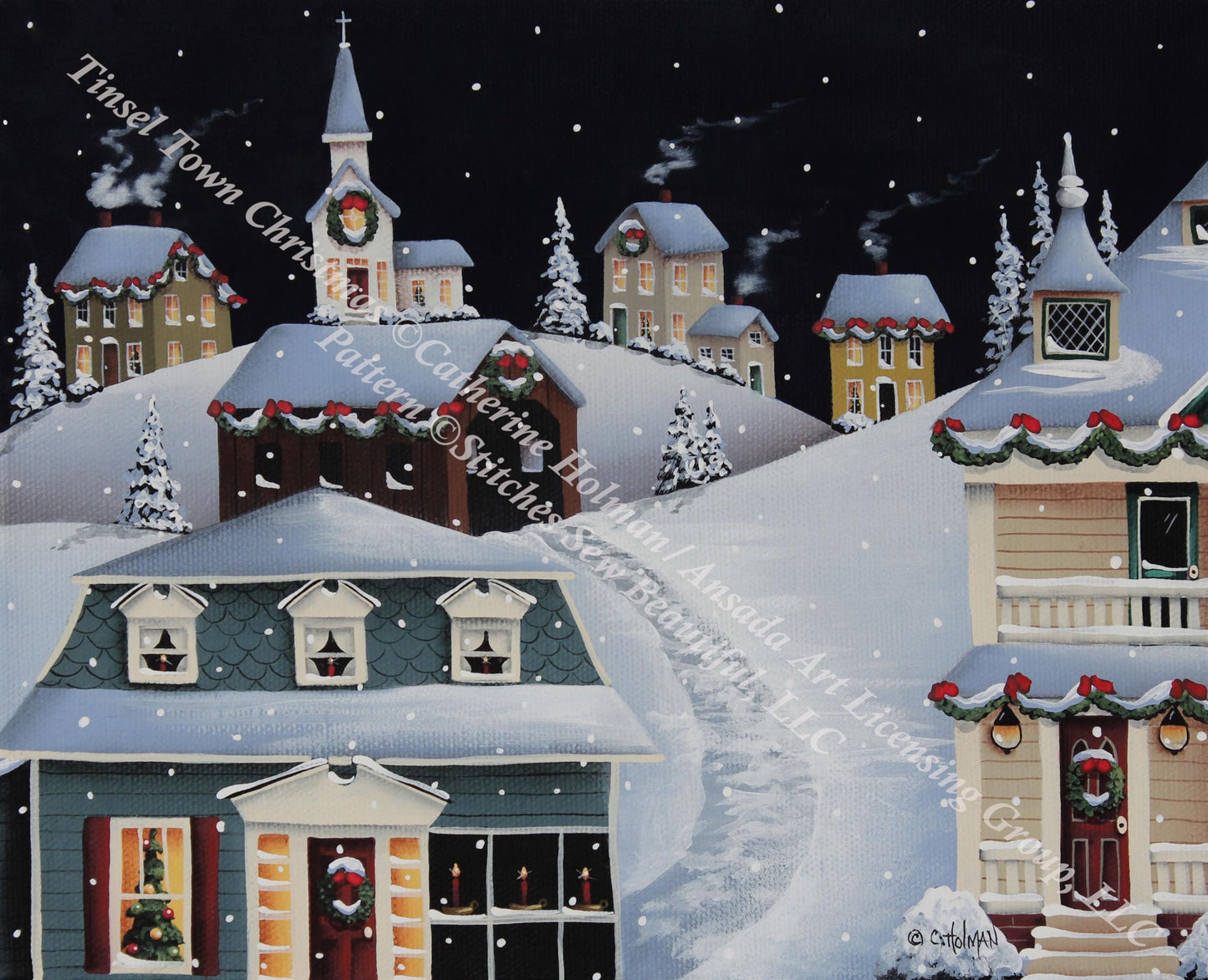 Tinsel Town Christmas counted cross stitch pattern by Catherine Holman/Ansada Art Licensing Group, LLC