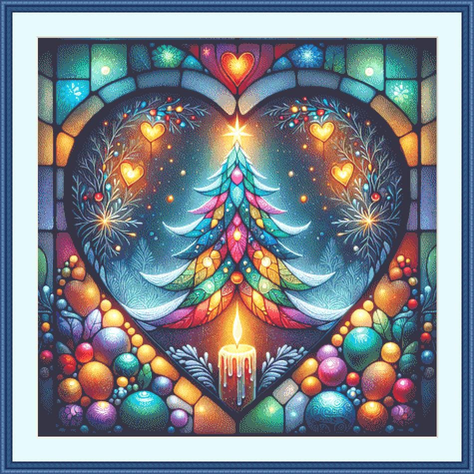 Stained Glass Chrismtas Tree in a Winters Night counted cross stitch pattern by World of Love Hearts/Adrian G Eyre
