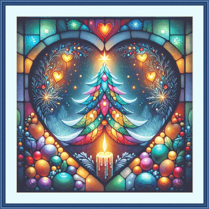 Stained Glass Chrismtas Tree in a Winters Night counted cross stitch pattern by World of Love Hearts/Adrian G Eyre