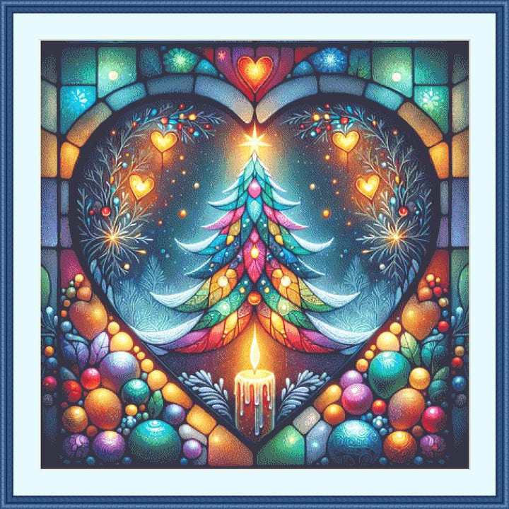Stained Glass Chrismtas Tree in a Winters Night counted cross stitch pattern by World of Love Hearts/Adrian G Eyre