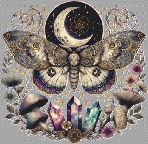 Celestial Lunar Moth counted cross stitch pattern by Pixel Paige Studio