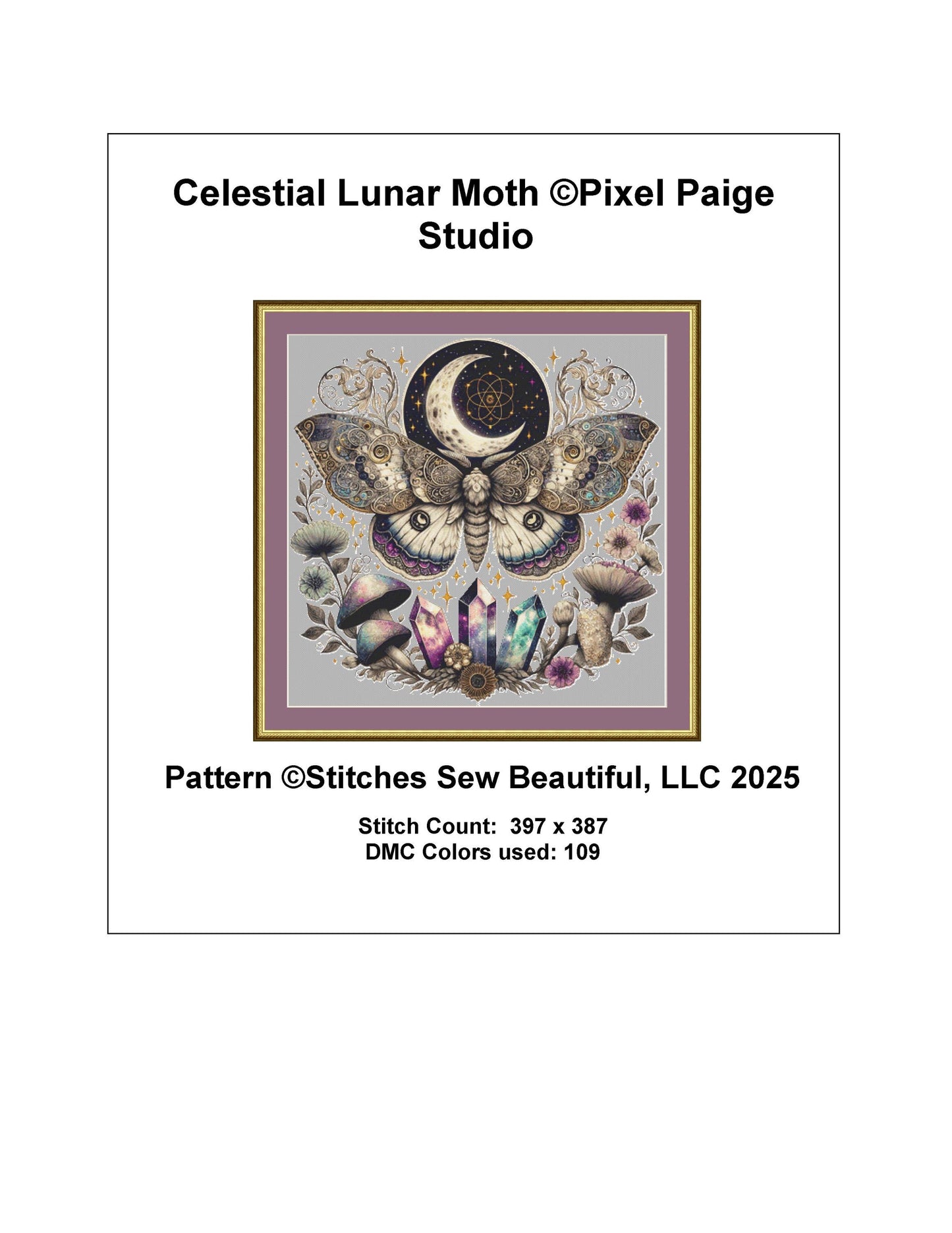 Celestial Lunar Moth counted cross stitch pattern by Pixel Paige Studio