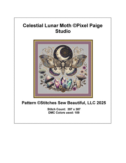 Celestial Lunar Moth counted cross stitch pattern by Pixel Paige Studio